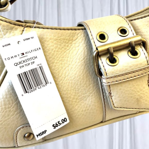 Tommy Hilfiger Y2K Eggshell Pebbled Leather Handbag Logo Zip & Buckle - Picture 14 of 15